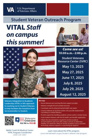 military student in front of U.S. Flag with the dates to meet with VA Vital at the CVMAS from 10 am to 2 pm may 13, may 27, June 17, July 8, July 29, and August 12 2025.